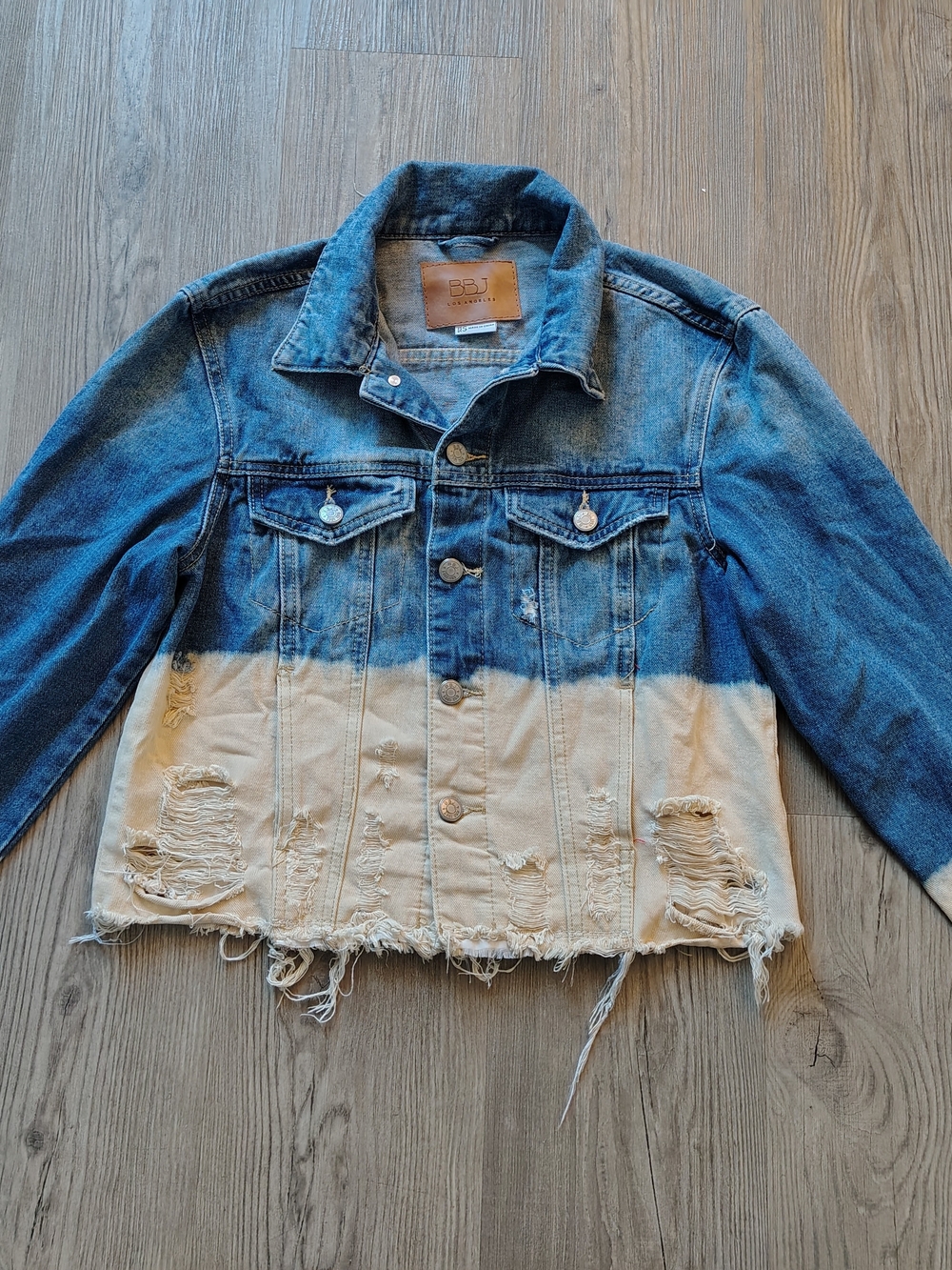 BBJ Los Angeles Women's Distressed Raw Hem 2 Tone Denim Jean Jacket Size S Y2K